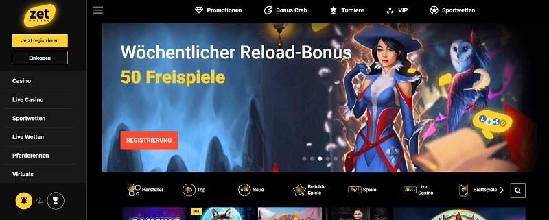 Zet casino homepage